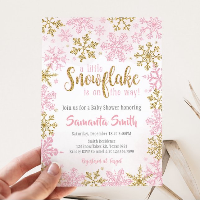 Invitation Pink Gold A Little Snowflakes est en route (A Little Snowflake Baby Shower Invitation)