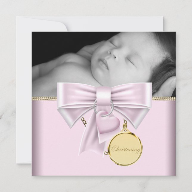 Invitation Pink Gold Baby Girl Photo Christening (Devant)