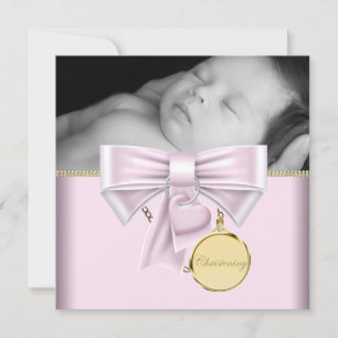 Invitation Pink Gold Baby Girl Photo Christening