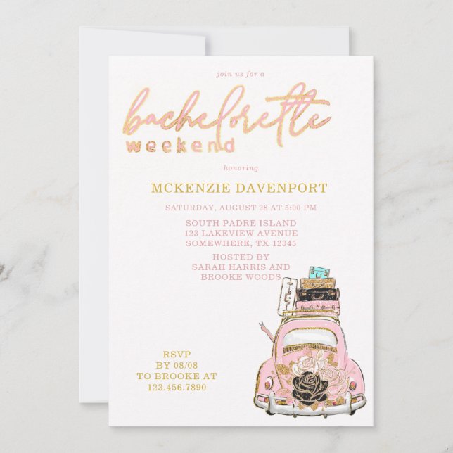Invitation Pink Gold Black Car Bachelorette Weend (Devant)