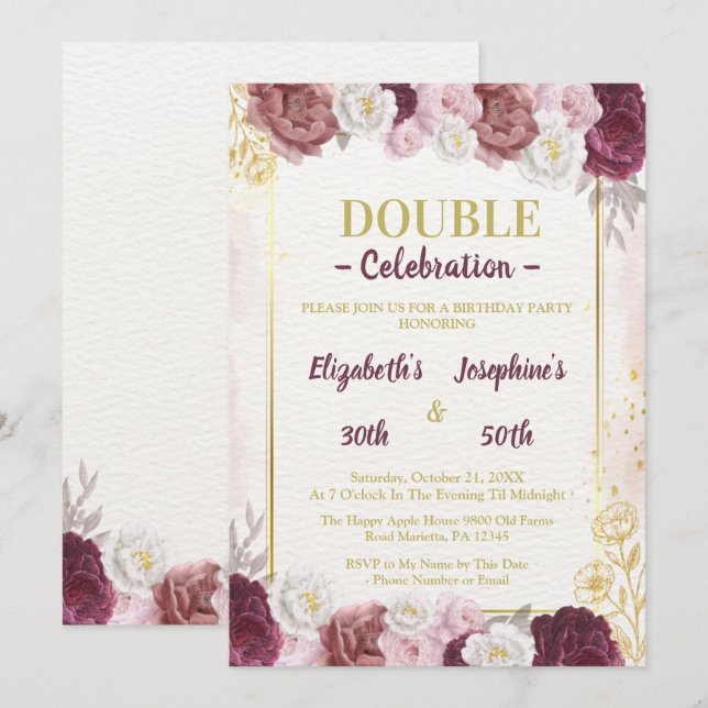 Invitation Pink Gold Blush Adult Joint Double fête d'annivers (Devant / Derrière)