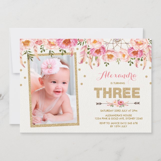 Invitation Pink Gold Bohemian Floral 3ème anniversaire Invita (Devant)