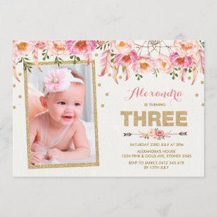 Invitation Pink Gold Bohemian Floral 3ème anniversaire Invita