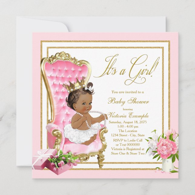Invitation Pink Gold Chair Ethnic Princess Pearl Baby shower (Devant)