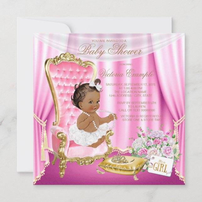 Invitation Pink Gold Chair Ethnic Princess Pearl Baby shower (Devant)