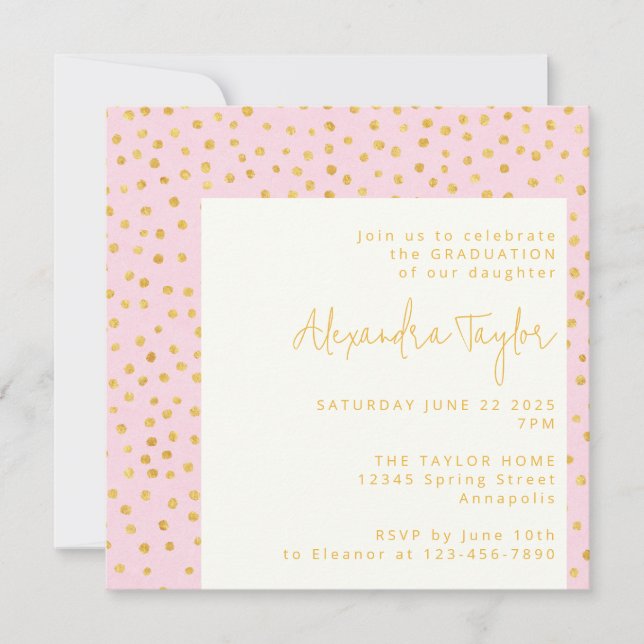 Invitation Pink Gold Confetti Cute Glam Dots Graduation Party (Devant)