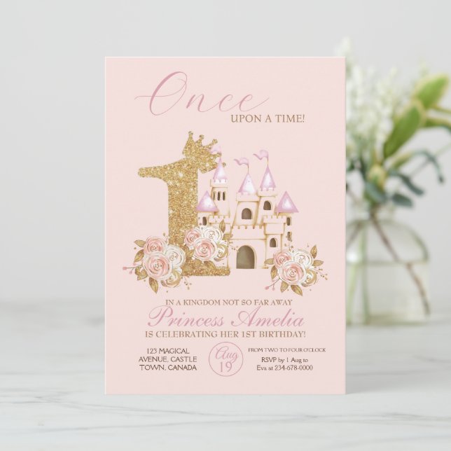 Invitation Pink Gold Crown Castle Princess 1er anniversaire (Debout devant)
