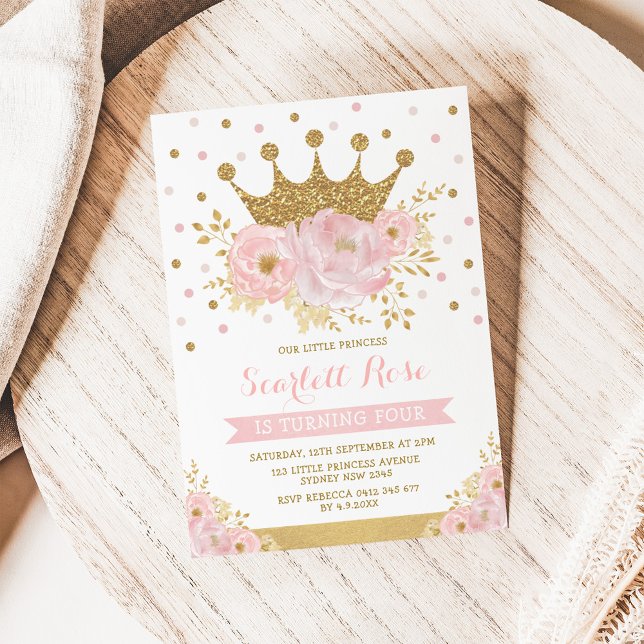 Invitation Pink Gold Crown Princess Girl Floral Anniversaire (Créateur téléchargé)