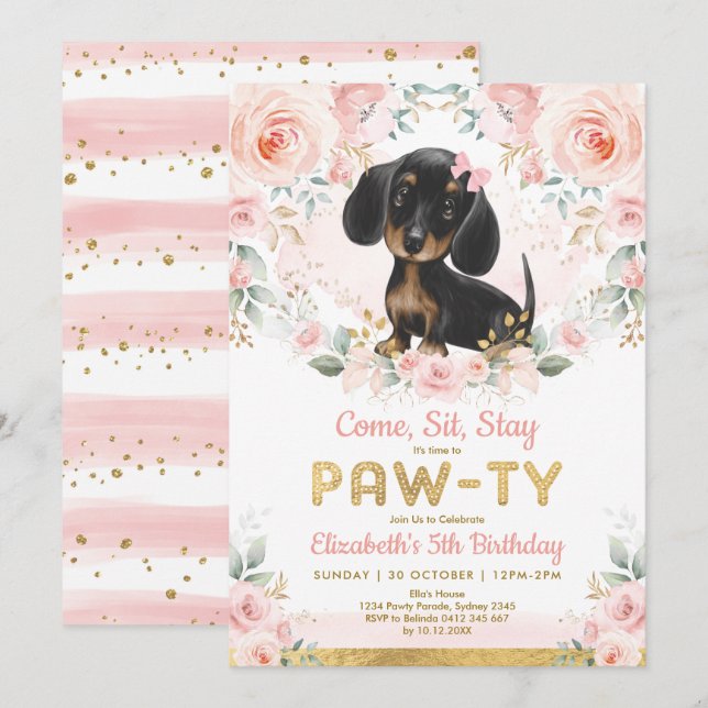 Invitation Pink Gold Dachshund Girls Anniversaire Puppy Pet C (Devant / Derrière)