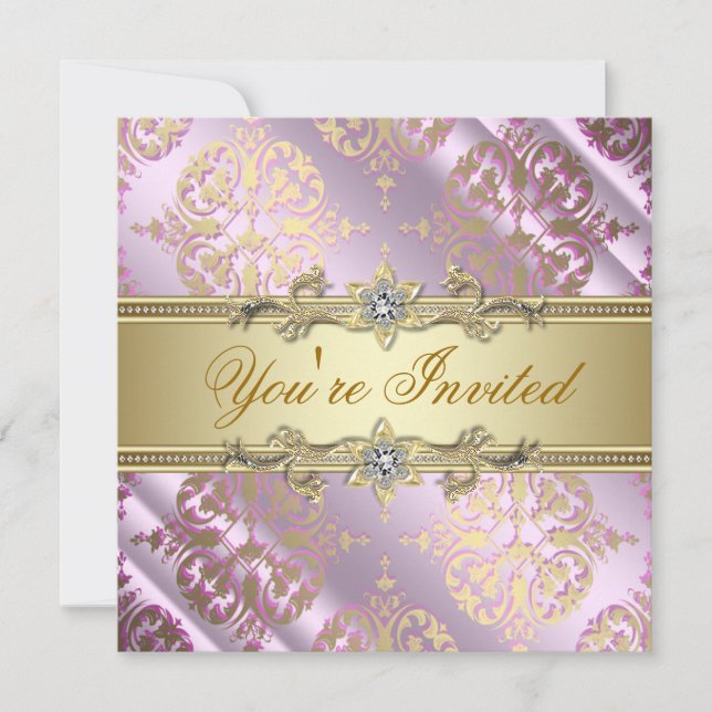 Invitation Pink Gold Damask Party (Devant)