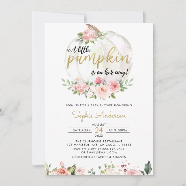 Invitation Pink Gold Elegant Un Petit Baby shower Citrouille  (Devant)