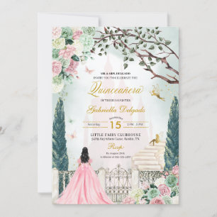 Invitation Pink Gold Fairytale Enchanted Garden Quinceanera