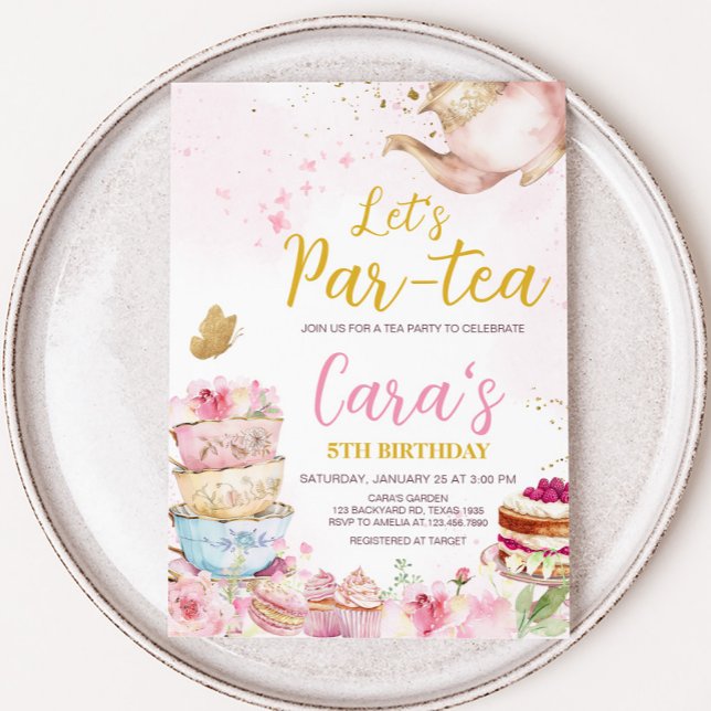 Invitation Pink Gold Floral Par Tea Anniversaire (Pink Gold Floral Tea Par-Tea Birthday Party Invitation)