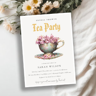 Invitation Pink Gold Floral Teacup Fête des mariées Tea Party