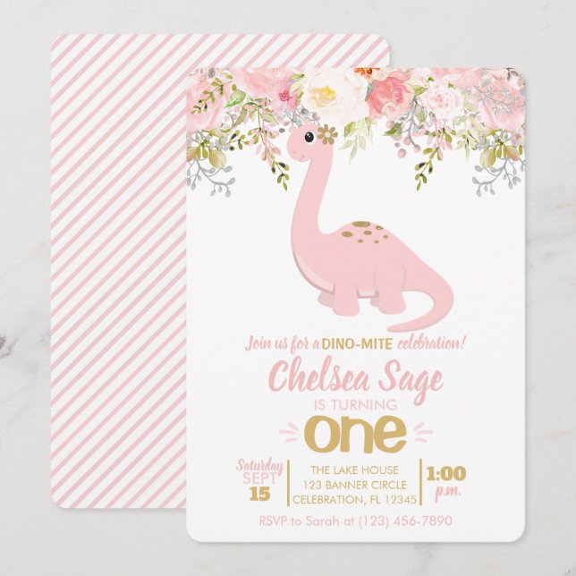 Invitation Pink & Gold Girl Dinosaur Floral Anniversaire (Devant / Derrière)