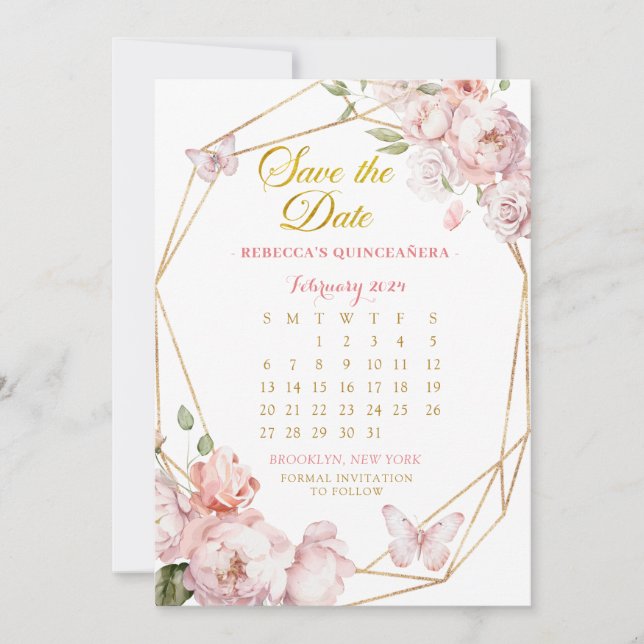 Invitation Pink Gold Girl Quinceañera Enregistrer le calendri (Devant)