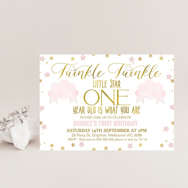 Invitation Pink Gold Girl's Twinkle Little Star 1s Anniversai (Cute twinkle twinkle little star girl's birthday invitation featuring two pink clouds and stars.)