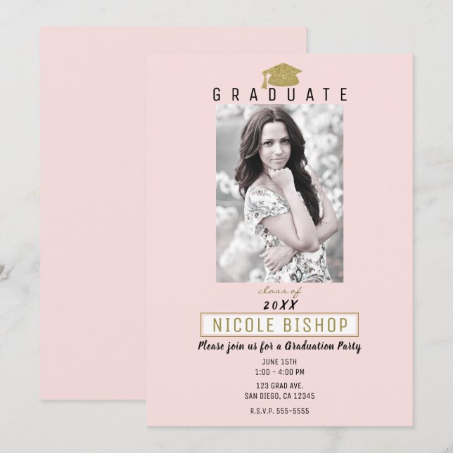 Invitation Pink Gold Graduate Photo Parti de graduation moder (Devant / Derrière)