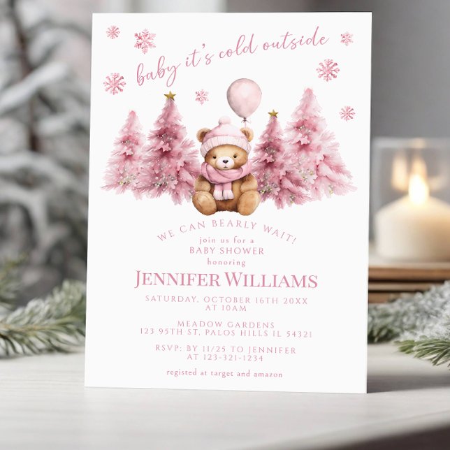 Invitation Pink Gold Hiver Teddy Ours Pine bébé fille Douche (Créateur téléchargé)