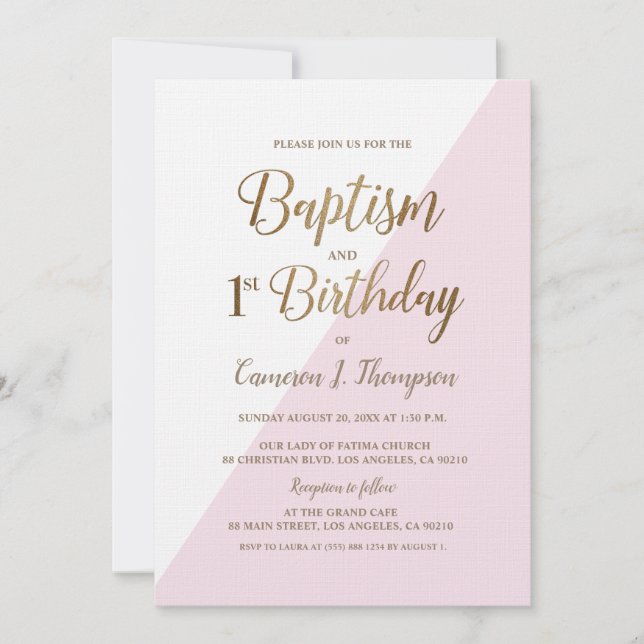 Invitation Pink Gold Joint Baptême et 1er anniversaire (Devant)