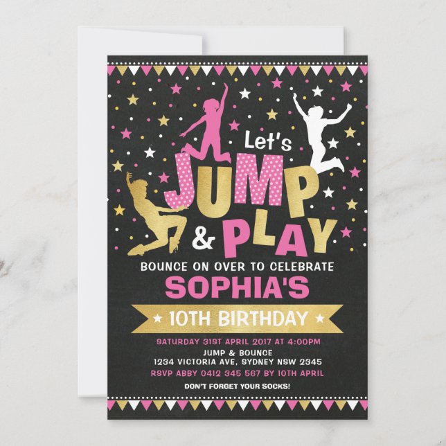 Invitation Pink Gold Jump Anniversaire Trampoline Bounce Hous (Devant)