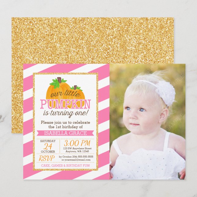 Invitation Pink Gold Little Citrouille Girl photo premier ann (Devant / Derrière)