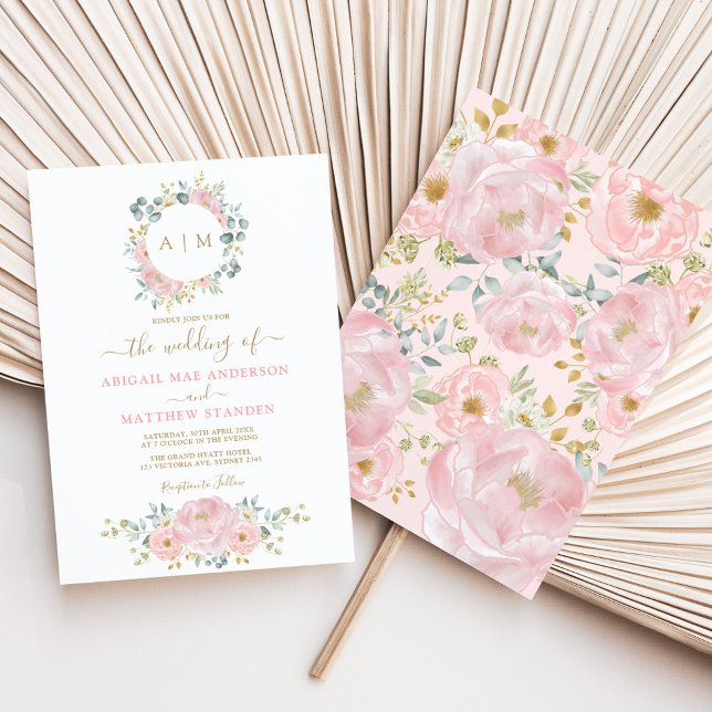 Invitation Pink Gold Monogramme Aquarelle Floral Wedding Part (Créateur téléchargé)