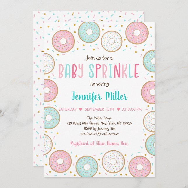 Invitation Pink Gold Pastel Donut Baby Sprinkl (Devant / Derrière)