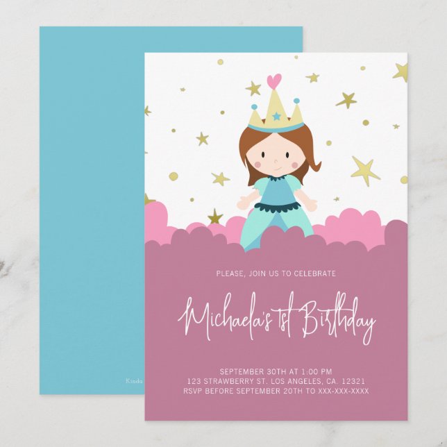 Invitation Pink Gold Princess Girl Birthday Party (Devant / Derrière)