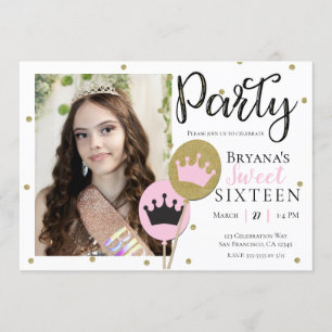 Invitation Pink Gold Princess Photo N'importe quel âge fête d