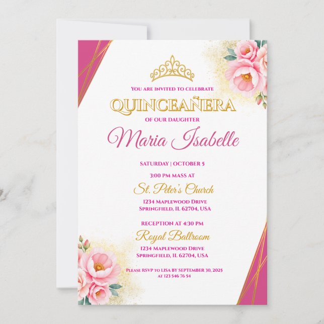 Invitation Pink & Gold Quinceañera (Devant)