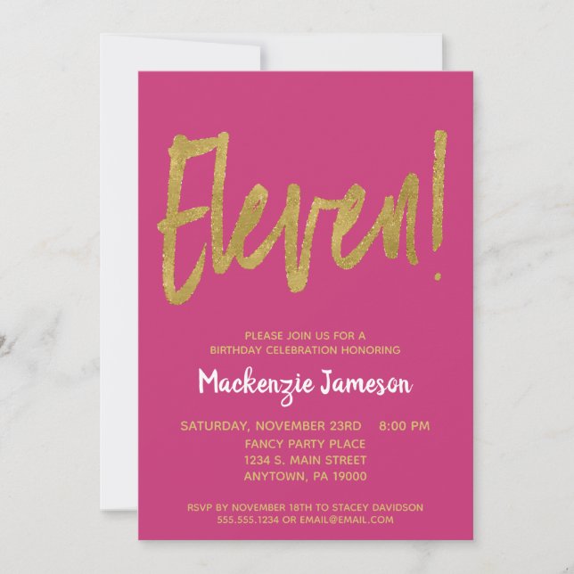Invitation Pink Gold Script 11e anniversaire de fête Invitati (Devant)
