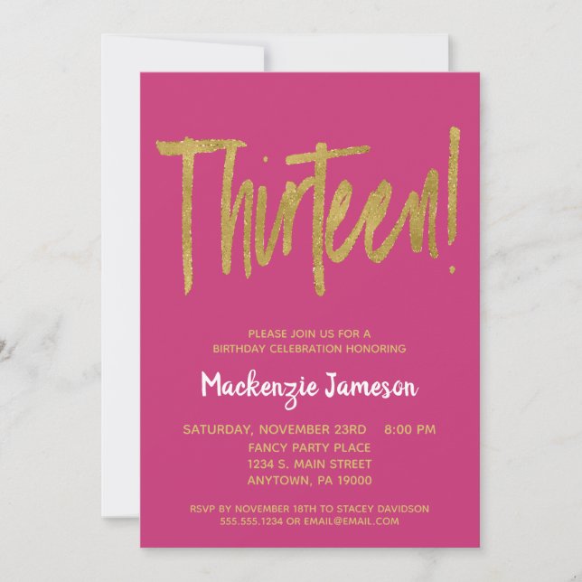 Invitation Pink Gold Script 13e anniversaire de fête Invitati (Devant)