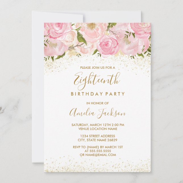 Invitation Pink Gold Sparkle Rose 18ème anniversaire Invitati (Devant)