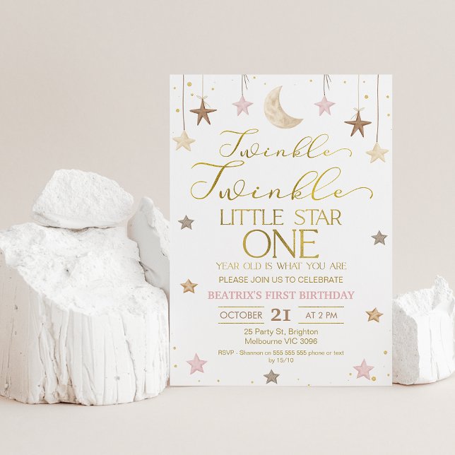 Invitation Pink Gold Twinkle Twinkle Little Star Anniversaire (Twinkle twinkle little star first birthday invitation for baby girl featuring some faux gold text.)