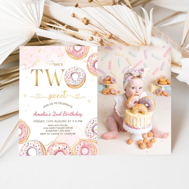 Invitation Pink Gold Two Sweet Donuts 2e photo d'anniversaire (Créateur téléchargé)