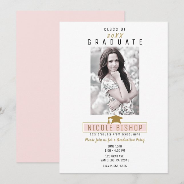 Invitation Pink Gold White Minimal Photo Graduation Party (Devant / Derrière)