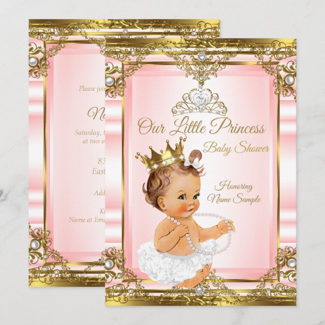 Invitation Pink Gold White Pearl Princess Baby shower Lumière (Devant / Derrière)