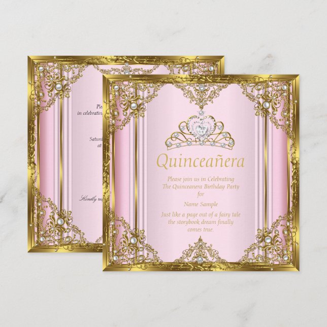 Invitation Pink Gold White Pearl Princess Quinceanera 3 (Devant / Derrière)