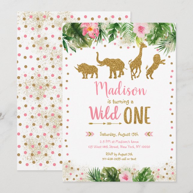Invitation Pink & Gold Wild One Safari premier anniversaire (Devant / Derrière)