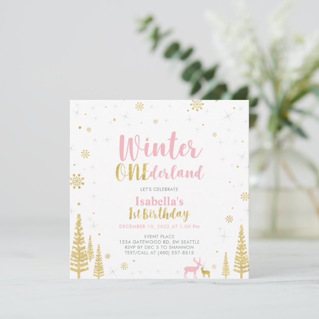 Invitation Pink & Gold Winter Onederland 1er Anniversaire (Debout devant)