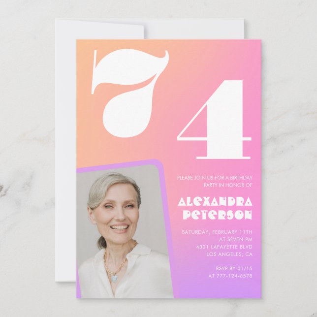 Invitation Pink Gradient Retro Photo 74e anniversaire Invitat (Devant)