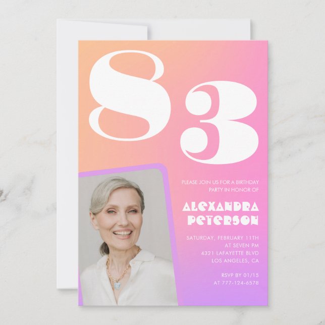 Invitation Pink Gradient Retro Photo 83e anniversaire (Devant)