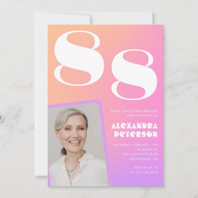 Invitation Pink Gradient Retro Photo 88e anniversaire (Devant)