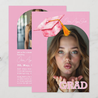 Invitation Pink Graduation Hat Accent Dual‑Photo QR Code