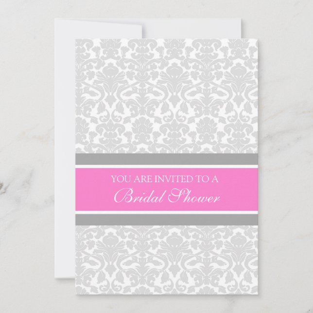 Invitation Pink Gray Damask Bridal Shower Cards (Devant)