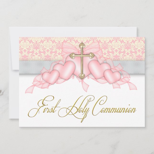 Invitation Pink Gray Gold Cross Girls Pink First Communion (Devant)