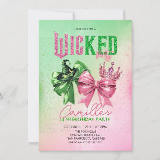 Invitation Pink & green Bow magical Birthday Party 