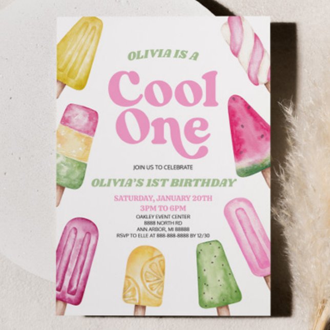 Invitation Pink Green Cool One Popsicle 1er Anniversaire (Créateur téléchargé)