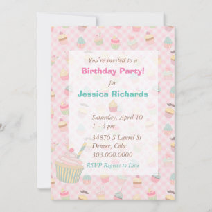 Invitation Pink Green En vichy Cupcake fête d'anniversaire